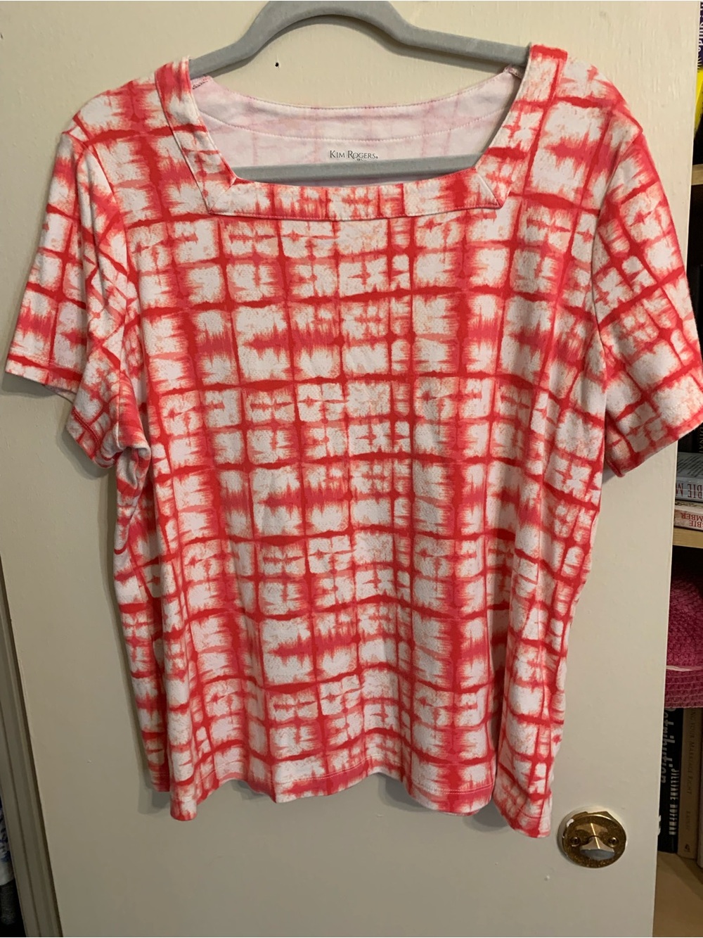 Kim Rogers Coral Grid Tie-Dye Square Neck Short Sleeve Top